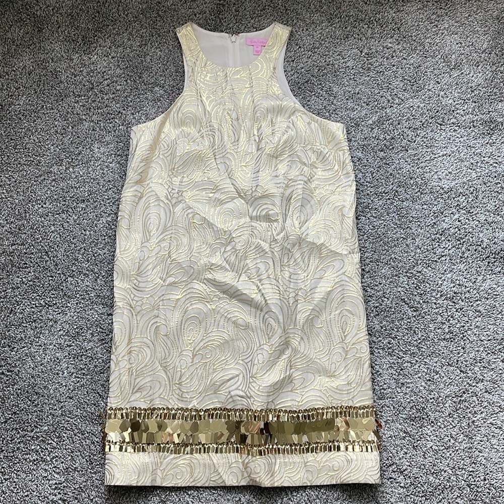 Lilly Pulitzer Diedra Dress In Gold Metallic Tidal Wave Jacquard XS